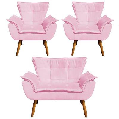 Kit 01 Namoradeira 02 Poltronas Suede Rosa Bebê