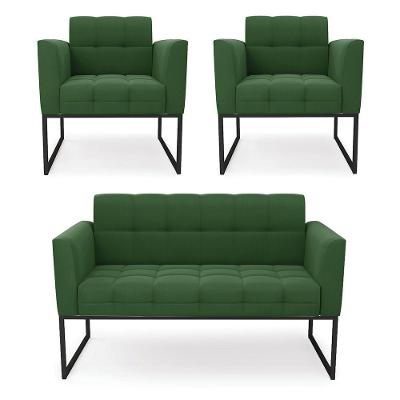 Kit 1 Sofá Namoradeira E 2 Poltronas Elisa Suede Base Metálica Industrial Preto - D'rossi Cor Verde