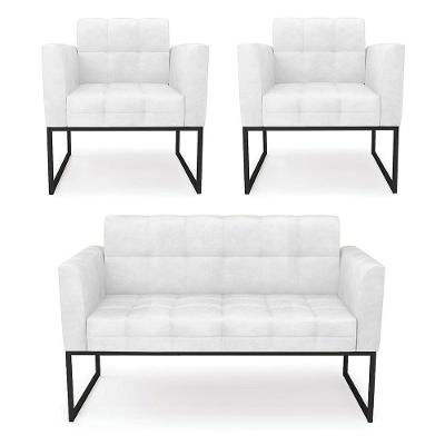 Kit 1 Sofá Namoradeira E 2 Poltronas Elisa Corano Base Metálica Industrial Preto - D'rossi Cor Branco