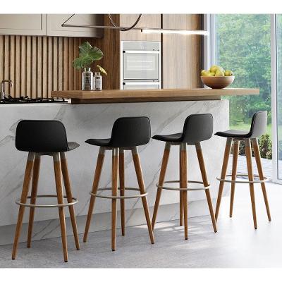 Kit 4 Banquetas Altas Luxo Aço Champanhe Linho Preto Preto