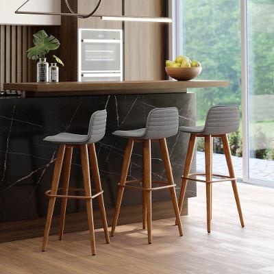 Kit 3 Banquetas Altas Luxo Linea Aço Cobre Linho Cinza Cinza