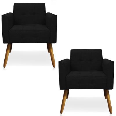 Kit 2 Poltronas Decorativas Pés Palito Karen Linho Preto