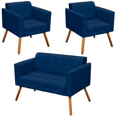 Conjunto 2 Poltronas E 1 Namoradeira Pés Palito Azul Marinho
