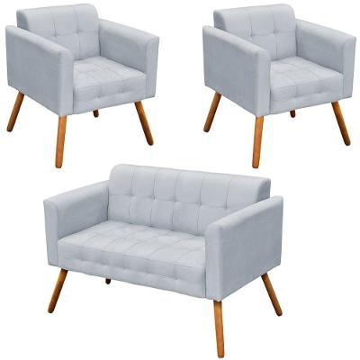 Conjunto 2 Poltronas E 1 Namoradeira Pés Palito Suede Cinza