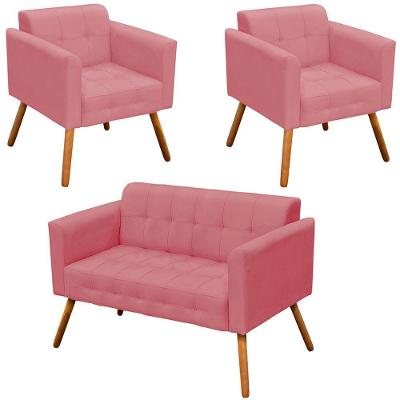 Conjunto 2 Poltronas E 1 Namoradeira Pés Palito Suede Rosê