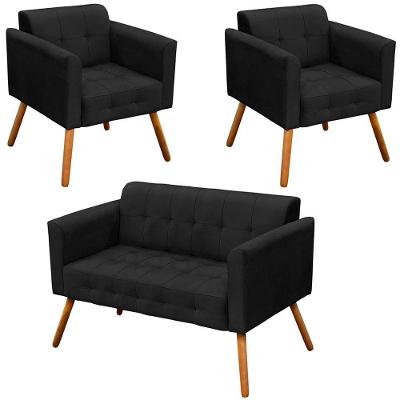 Conjunto 2 Poltronas E 1 Namoradeira Pés Palito Suede Preto