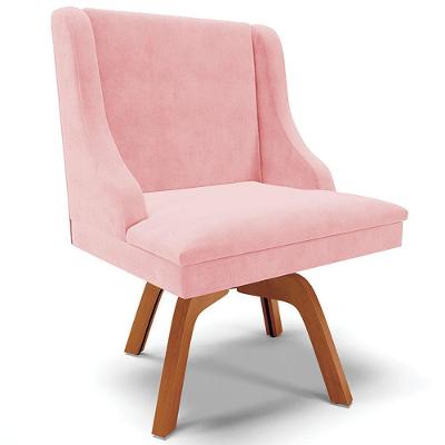 Poltrona Base Giratória De Madeira Suede Rosa Bebê/Natural