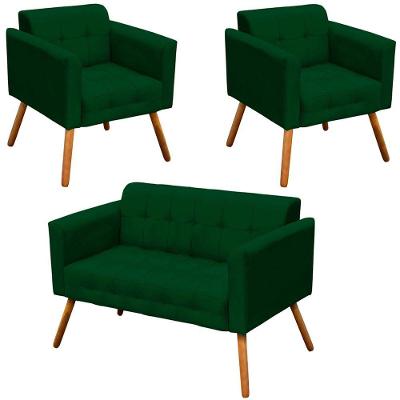Conjunto 2 Poltronas E 1 Namoradeira Pés Palito Suede Verde