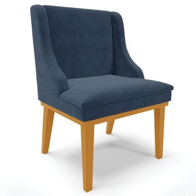 Poltrona Base Fixa De Madeira Suede Azul Marinho/Castanho