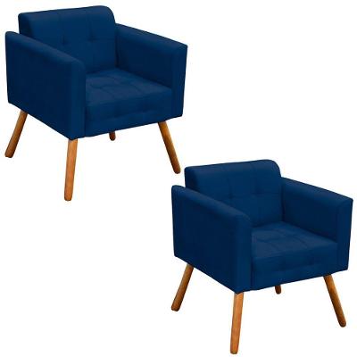 Kit 2 Poltronas Decorativas Pés Palito Suede Azul Marinho