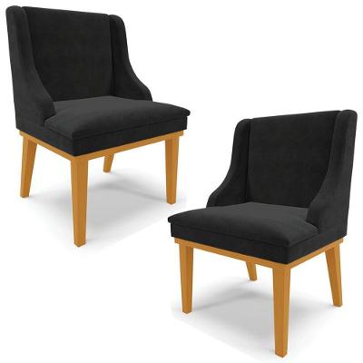 Kit 2 Poltronas Base Fixa De Madeira Suede Preto/Castanho