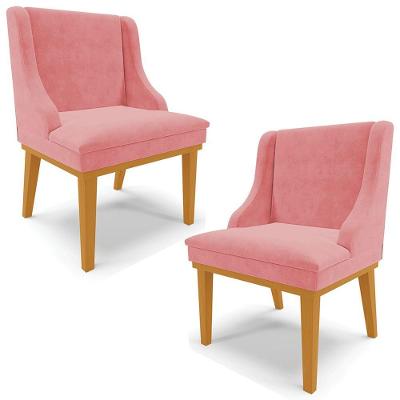 Kit 2 Poltronas Base Fixa De Madeira Suede Rose/Castanho
