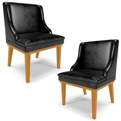 Kit 2 Poltronas Base Fixa De Madeira Preto Brilho/Castanho