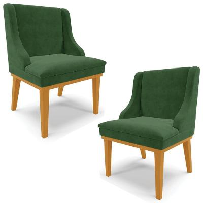 Kit 2 Poltronas Base Fixa De Madeira Suede Verde/Castanho