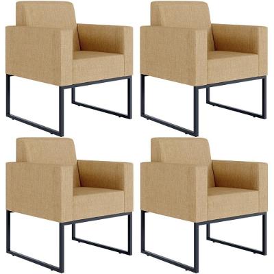 Kit 04 Poltronas Decorativa Sala Recepção Base Fixa De Metal Helô L02 Linho Bege Escuro - Lyam Decor