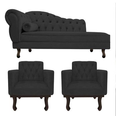 Kit Diva Recamier Diana 140Cm Lado Direito E 02 Poltronas Classic Corano Preto