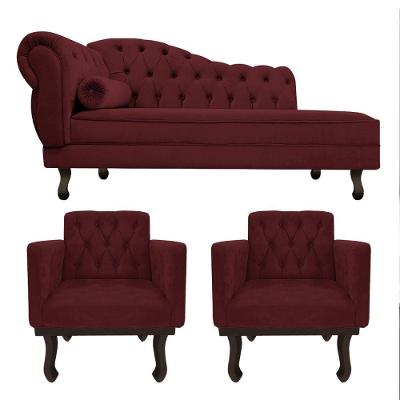 Kit Diva Recamier Diana 130Cm Lado Direito E 02 Poltronas Classic Suede Bordô