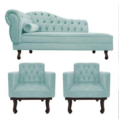 Kit Diva Recamier Diana 140Cm Lado Direito E 02 Poltronas Classic Suede Azul Tiffany