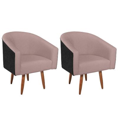 Kit 02 Poltronas Luiza Pés Palito Factor Preto E Linho - Amarena Móveis Cor Rosê