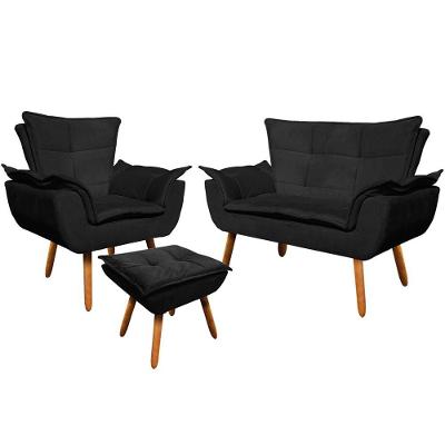 Conjunto Poltrona Puff E Namoradeira Pés Palito Charger Suede Preto G19 - Gran Belo