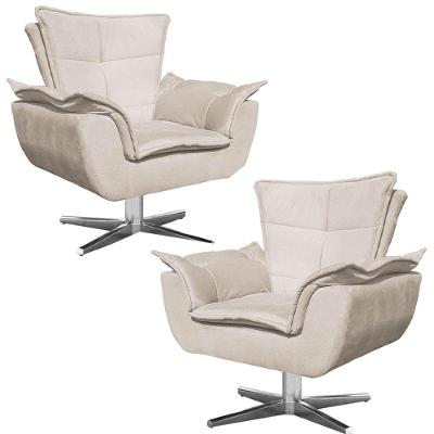 Kit 2 Poltronas Decorativas Base Giratória Cromada Charger Suede Bege G19 - Gran Belo