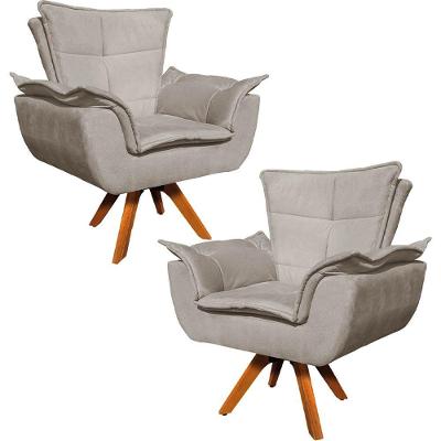 Kit 2 Poltronas Decorativas Base Giratória Em Madeira Charger Suede Nude G19 - Gran Belo