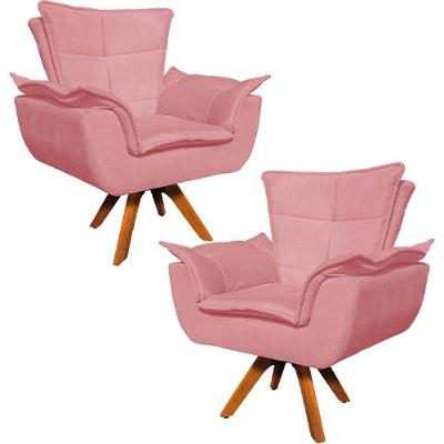 Kit 2 Poltronas Decorativas Base Giratória Em Madeira Charger Suede Rosê G19 - Gran Belo