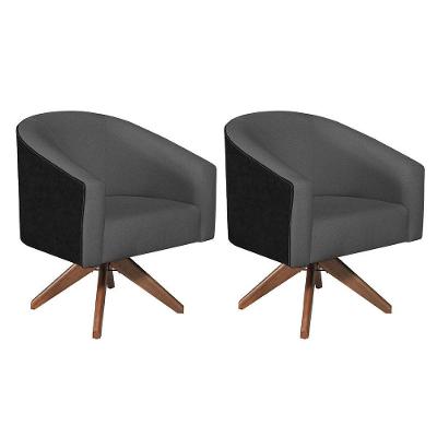 Kit 02 Poltronas Luiza Base Giratória De Madeira Factor Preto E Linho - Cor Cinzaescuro