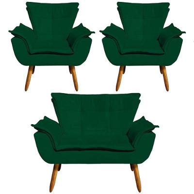 Conjunto 2 Poltronas E 1 Namoradeira Pés Palito Charger Suede Verde G19 - Gran Belo