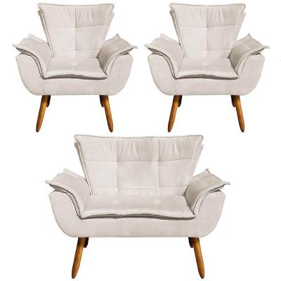 Conjunto 2 Poltronas E 1 Namoradeira Pés Palito Charger Suede Bege G19 - Gran Belo
