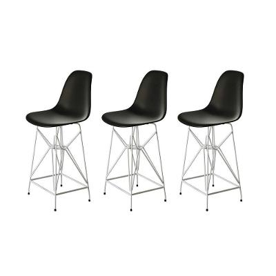 Kit 3 Banquetas Bistrô Alta Eames Eiffel Preta Base Ferro Branco - Cor: Preto