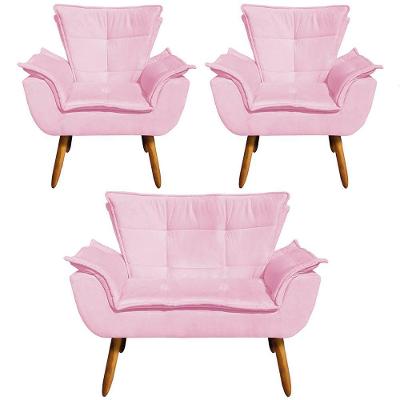 Conjunto 2 Poltronas E 1 Namoradeira Pés Palito Charger Suede Rosa G19 - Gran Belo