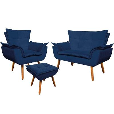 Conjunto Poltrona Puff E Namoradeira Pés Palito Charger Suede Azul Marinho G19 - Gran Belo