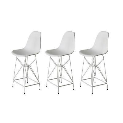 Kit 3 Banquetas Bistrô Alta Eames Eiffel Branca Base Ferro Branco - Cor: Branco