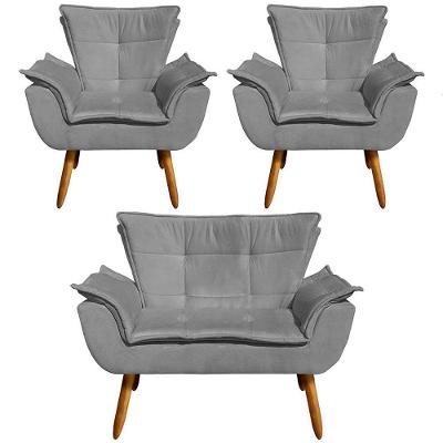 Conjunto 2 Poltronas E 1 Namoradeira Pés Palito Charger Suede Grafite G19 - Gran Belo