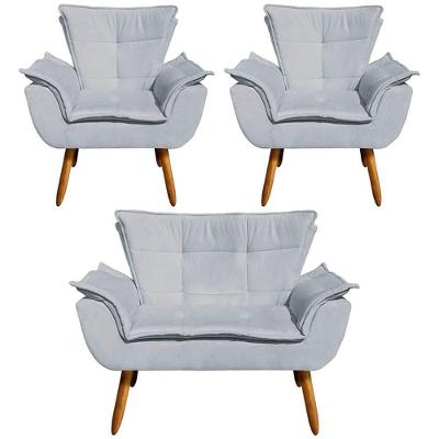 Conjunto 2 Poltronas E 1 Namoradeira Pés Palito Charger Suede Cinza G19 - Gran Belo