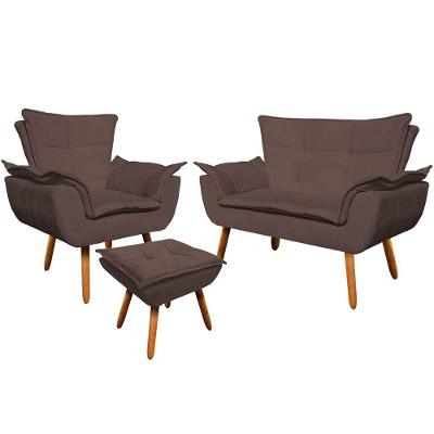 Conjunto Poltrona Puff E Namoradeira Pés Palito Charger Suede Marrom G19 - Gran Belo
