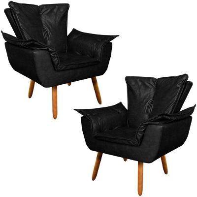 Kit 2 Poltronas Decorativas Pés Palito Charger Pu Preto G19 - Gran Belo