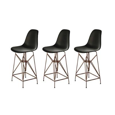 Kit 3 Banquetas Bistrô Alta Eames Eiffel Preta Base Ferro Cobre - Cor: Preto