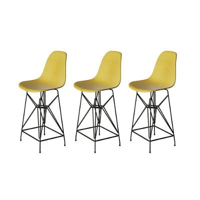 Kit 3 Banquetas Bistrô Alta Eames Eiffel Amarela Base Ferro Preto - Cor: Amarelo