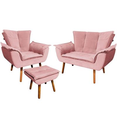 Conjunto Poltrona Puff E Namoradeira Pés Palito Charger Suede Rosê G19 - Gran Belo