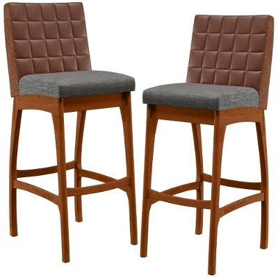 Kit 02 Banquetas Altas Sala Jantar Fixa Mila B04 Couríssimo Marrom Linho Cinza Escuro - Lyam Decor
