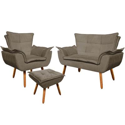 Conjunto Poltrona Puff E Namoradeira Pés Palito Charger Suede Nude G19 - Gran Belo