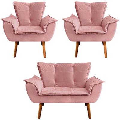 Conjunto 2 Poltronas E 1 Namoradeira Pés Palito Charger Suede Rosê G19 - Gran Belo