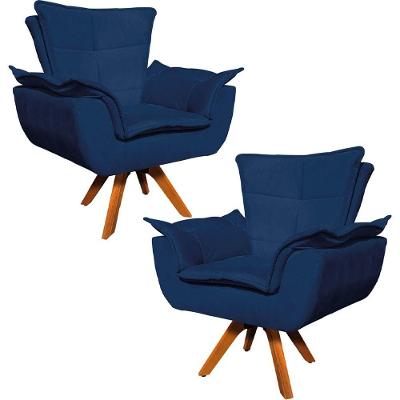 Kit 2 Poltronas Decorativas Base Giratória Em Madeira Charger Suede Azul Marinho G19 - Gran Belo