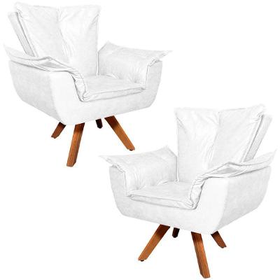 Kit 2 Poltronas Decorativas Base Giratória Em Madeira Charger Pu Branco G19 - Gran Belo