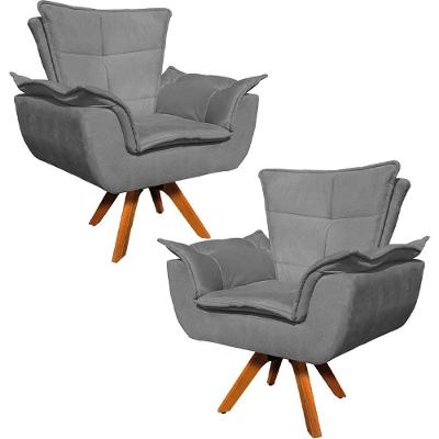 Kit 2 Poltronas Decorativas Base Giratória Em Madeira Charger Suede Grafite G19 - Gran Belo