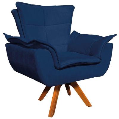 Poltrona Decorativa Base Giratória Em Madeira Charger Suede Azul Marinho G19 - Gran Belo