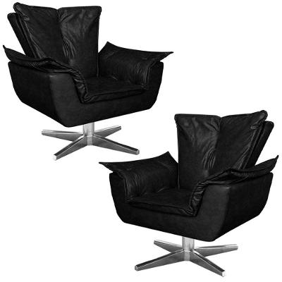 Kit 2 Poltronas Decorativas Base Giratória Cromada Charger Pu Preto G19 - Gran Belo