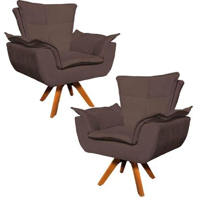 Kit 2 Poltronas Decorativas Base Giratória Em Madeira Charger Suede Marrom G19 - Gran Belo